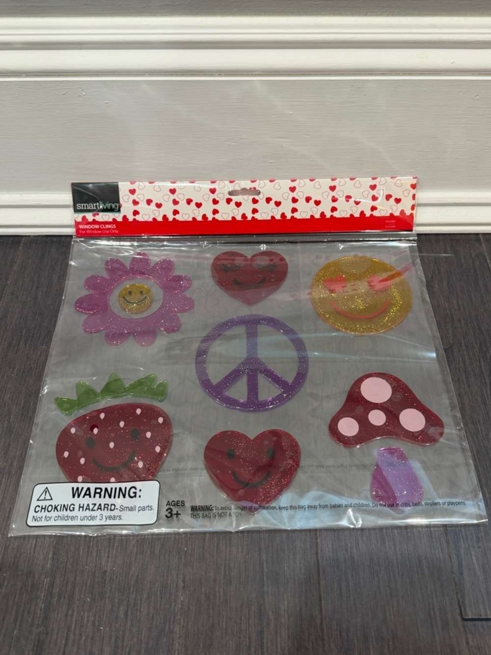 NWT Smart Living Glitter Window Clings - Girls Flower Smile Strawberry Heart
